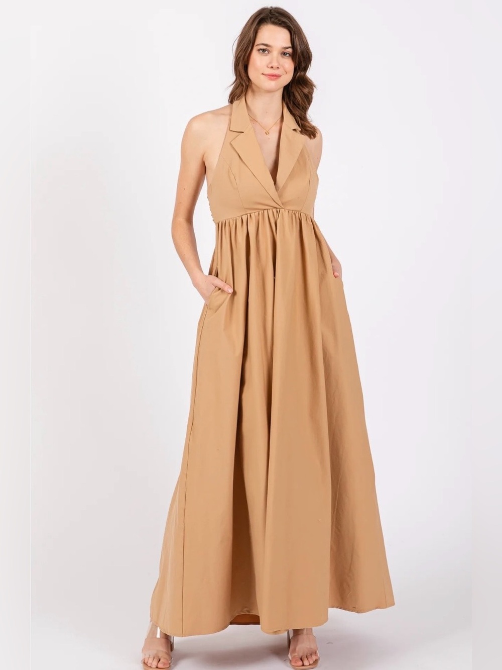 A639. Sleeveless Halter Maxi Dress in Camel